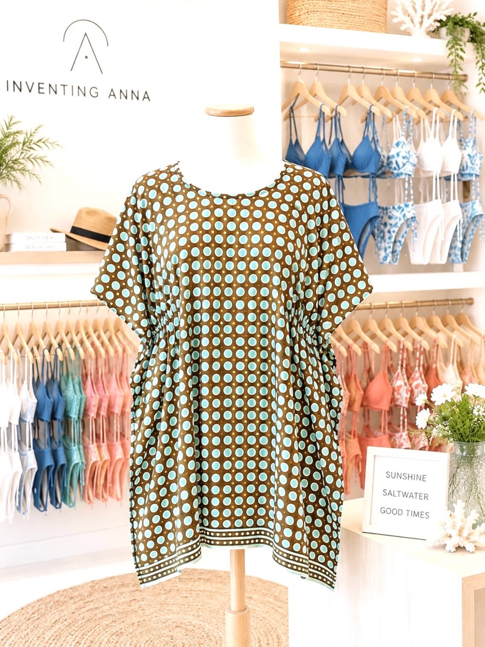 PERRY ELLIS Polka Dot Women's Swim Suit Cover-Up w/Brown Aqua & Yellow Circles